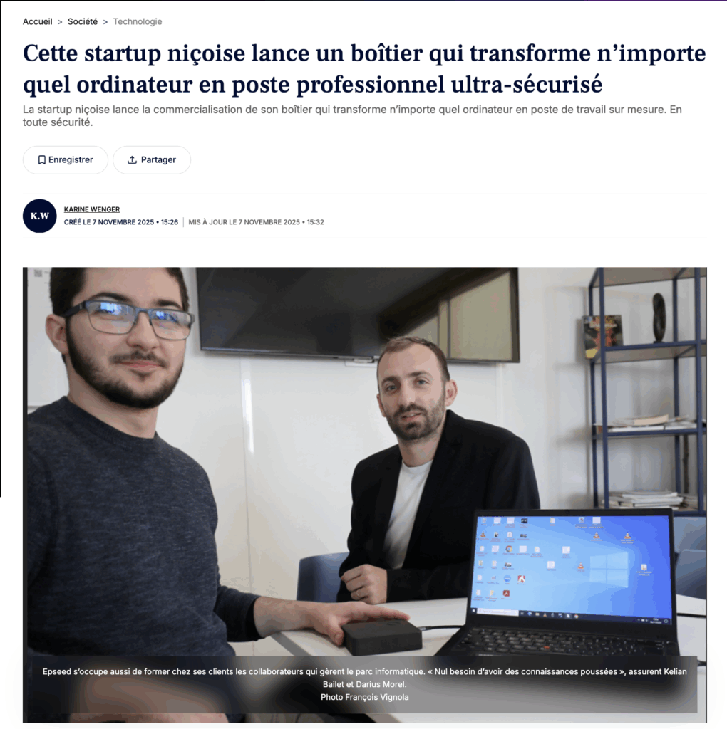 Kélian Bailet et Darius Morel, cofondateurs d’EPSEED, présentent The SEED, le boîtier qui transforme n’importe quel ordinateur en poste professionnel sécurisé.